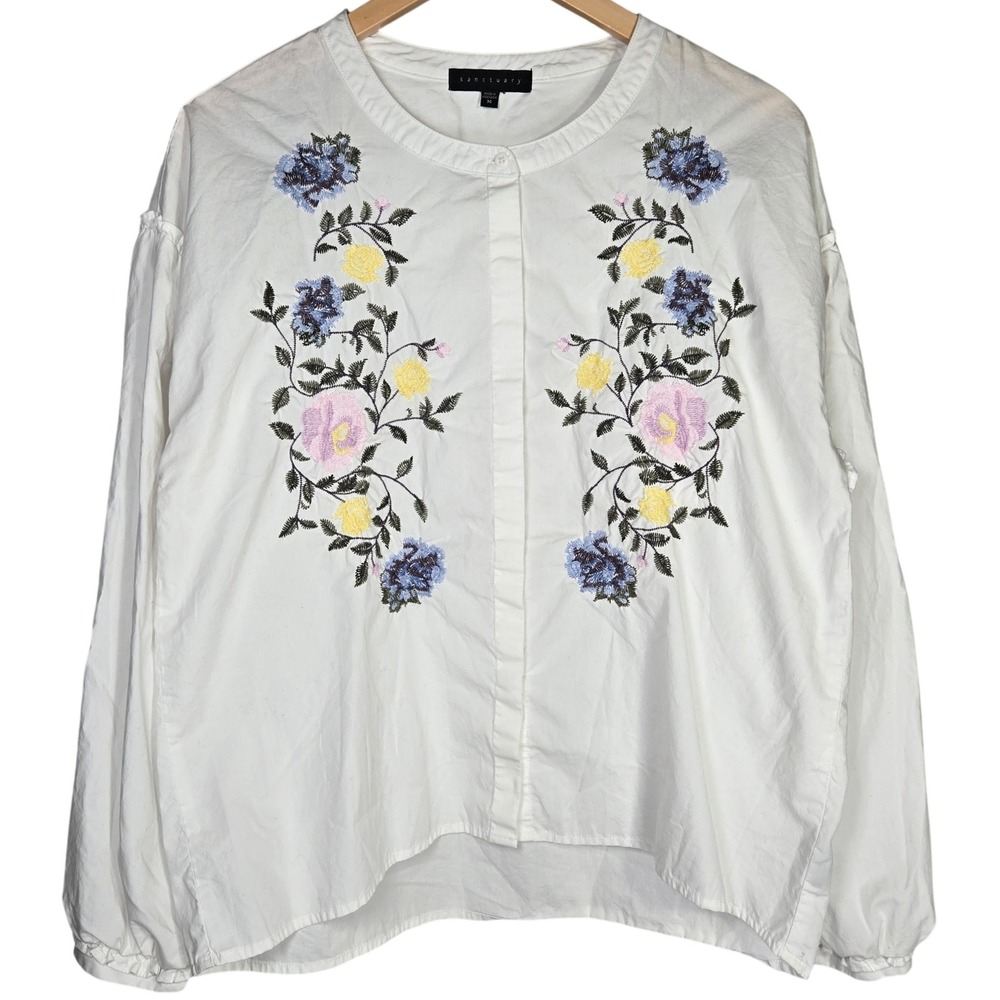 Sanctuary Danni White Embroidered Floral‎ Button Front Blouse Top Size M